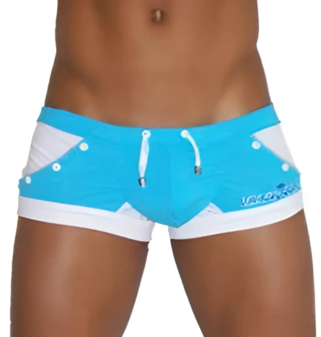 Icker Sea Eyelets square cut trunk swimwear in bright blue with white side panels and matching drawstring waistband