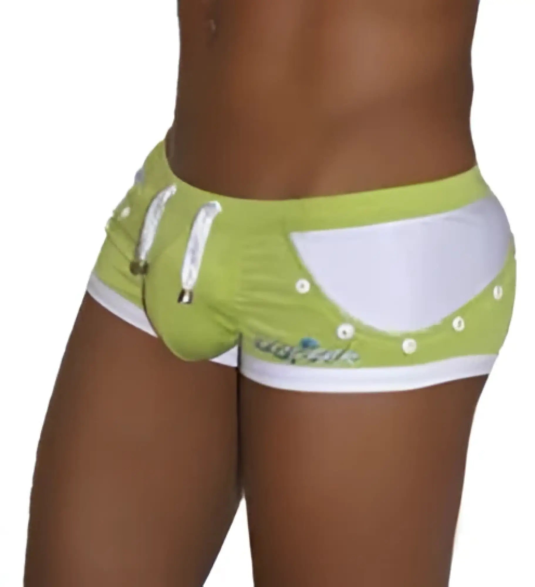 Icker Sea eyelets square cut trunk swimwear green with lime and white circular cutouts and decorative buttons