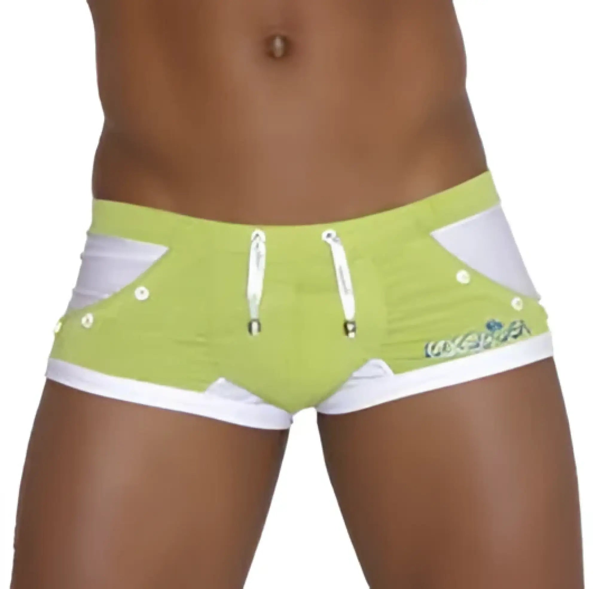 Icker sea eyelets square cut trunk swimwear green with lime green and white fabric and side zipper detail