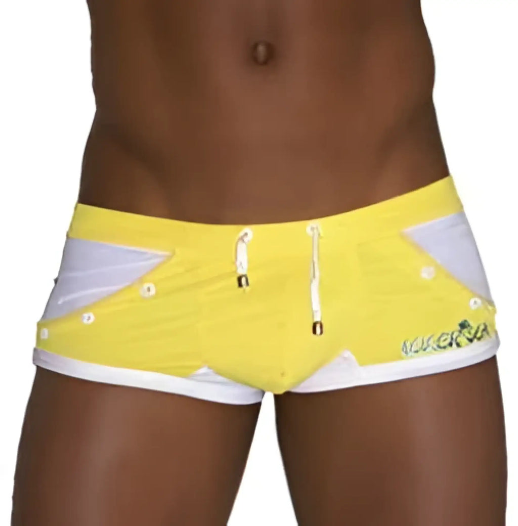 Icker sea eyelets square cut trunk swimwear in bright yellow with white gray geometric accents and vicenza logo