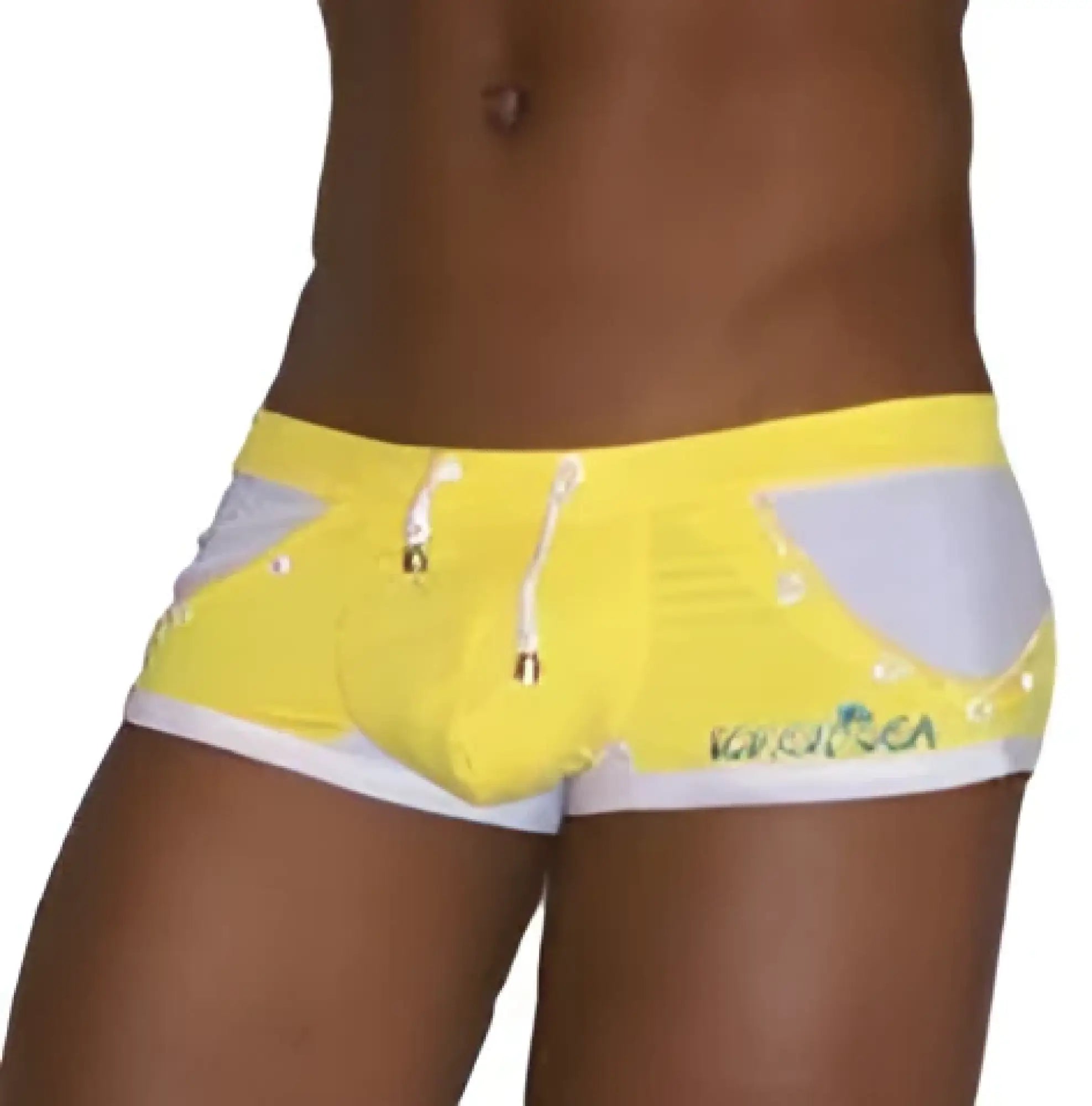 Bright yellow icker sea eyelets square cut trunk swimwear with white gray accents and branded logo on the side