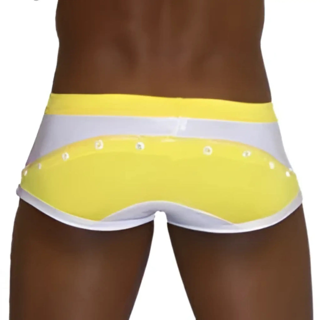 Icker sea eyelets square cut trunk swimwear in bright yellow and white with a glossy finish for swimming