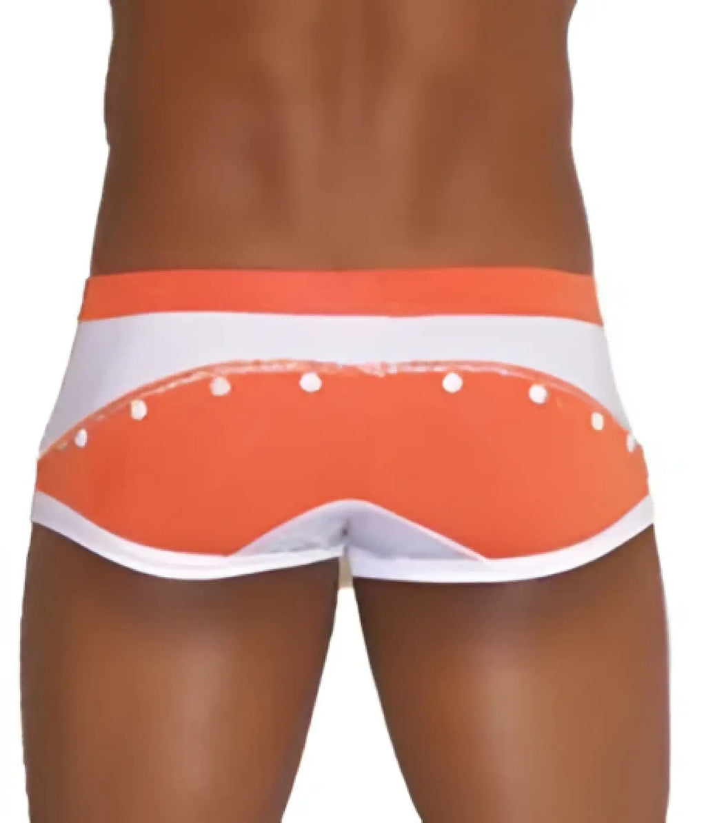 Icker Sea Eyelets square cut trunk swimwear in orange and white with dotted trim detail for swimming and beachwear