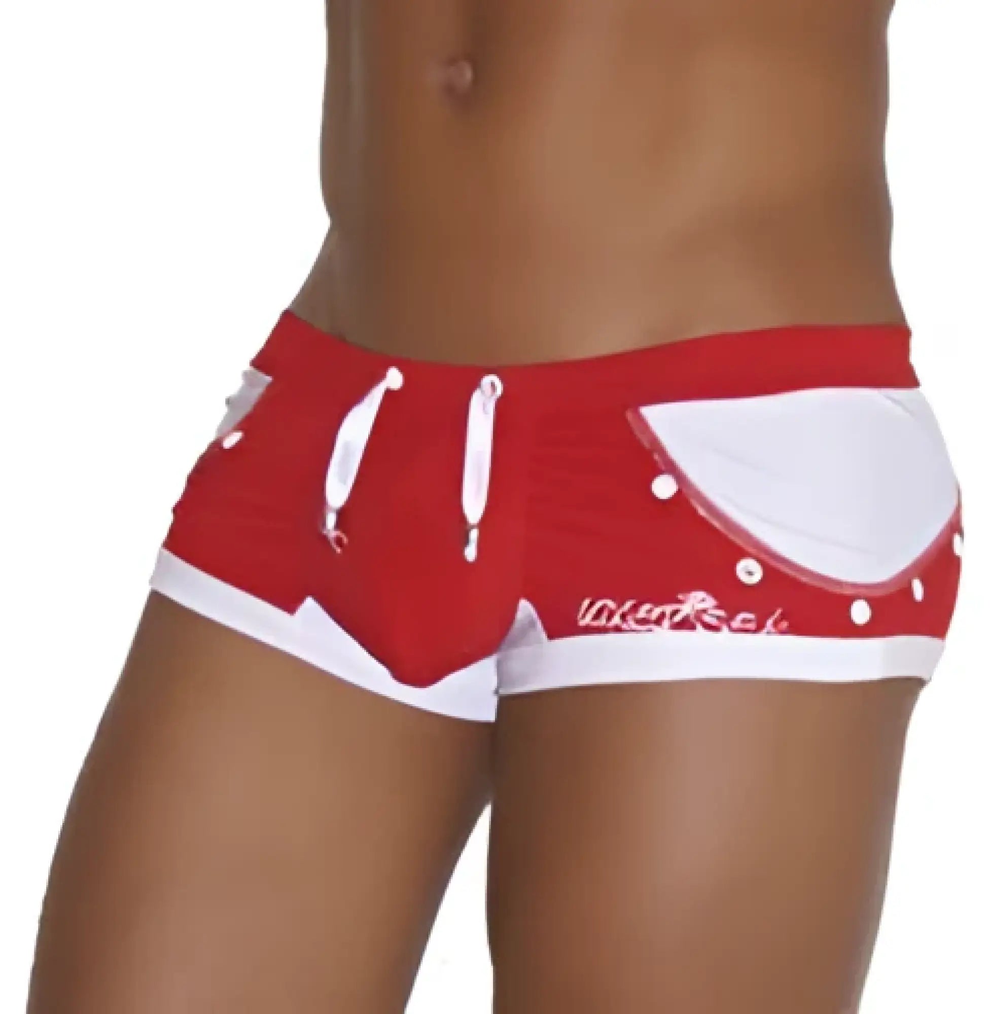 Icker Sea eyelets square cut trunk swimwear in red with white accents featuring decorative stitching details