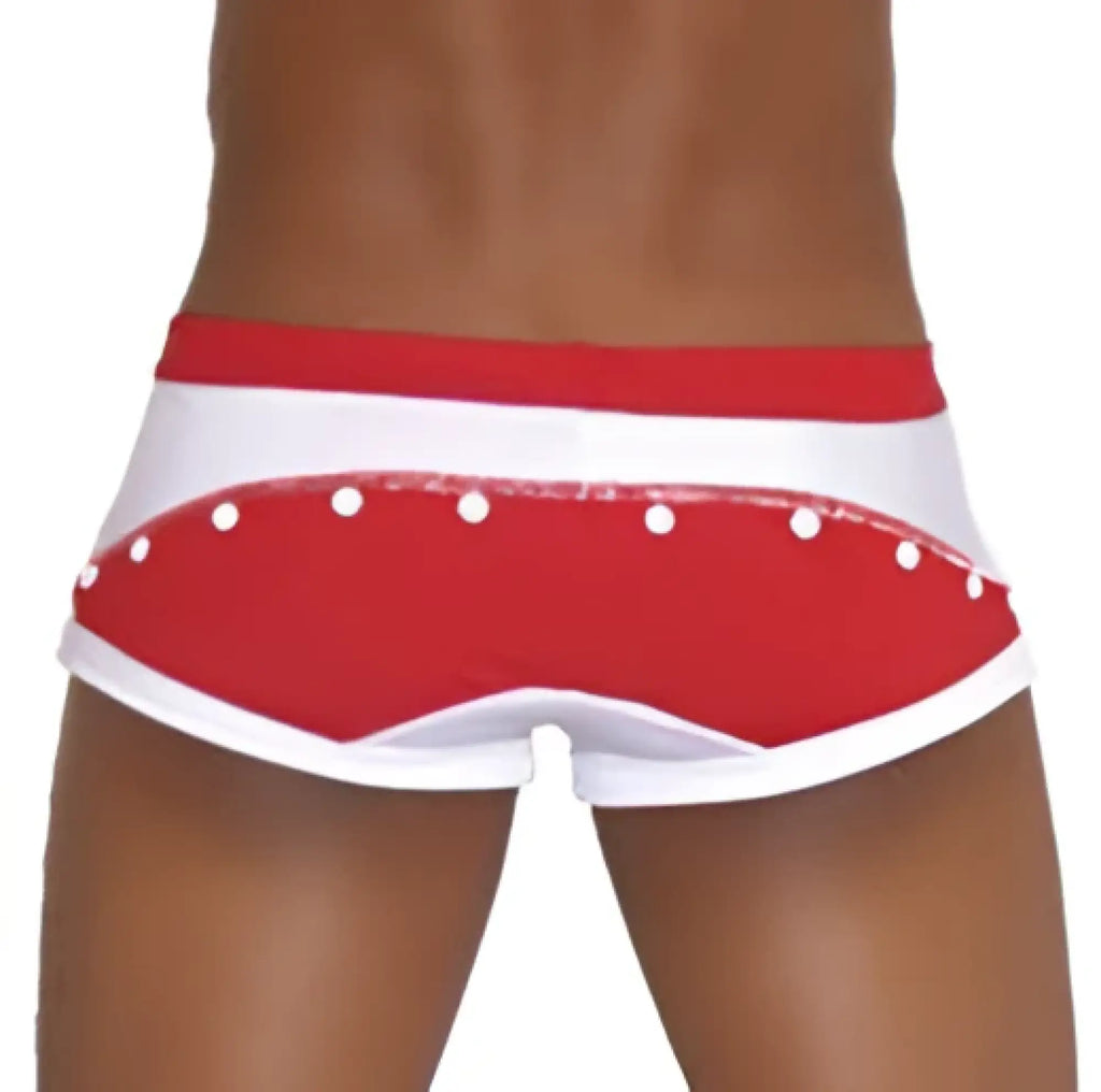 Red and white icker sea eyelets square cut trunk swimwear with studded waistband design for swim use