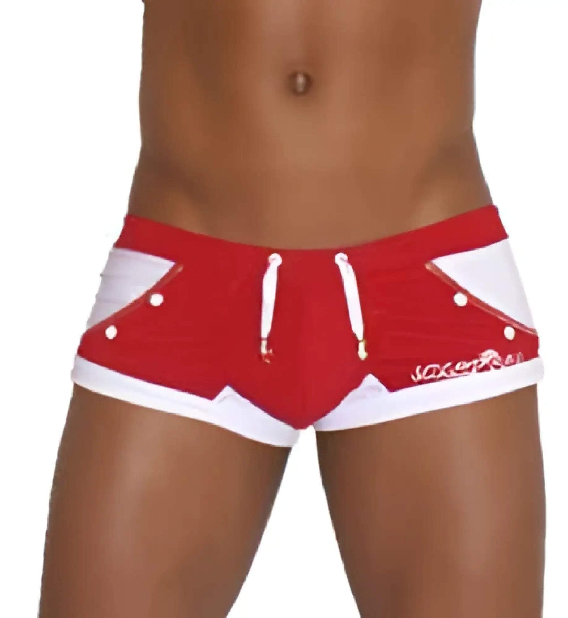Icker sea eyelets square cut trunk swimwear in red with bold white geometric design white drawstrings and silver buttons