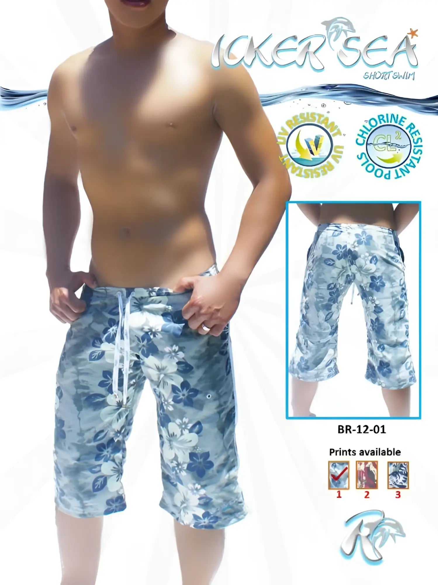 Icker Sea blue and white floral patterned Bermuda boardshorts with drawstring waistband for beachwear