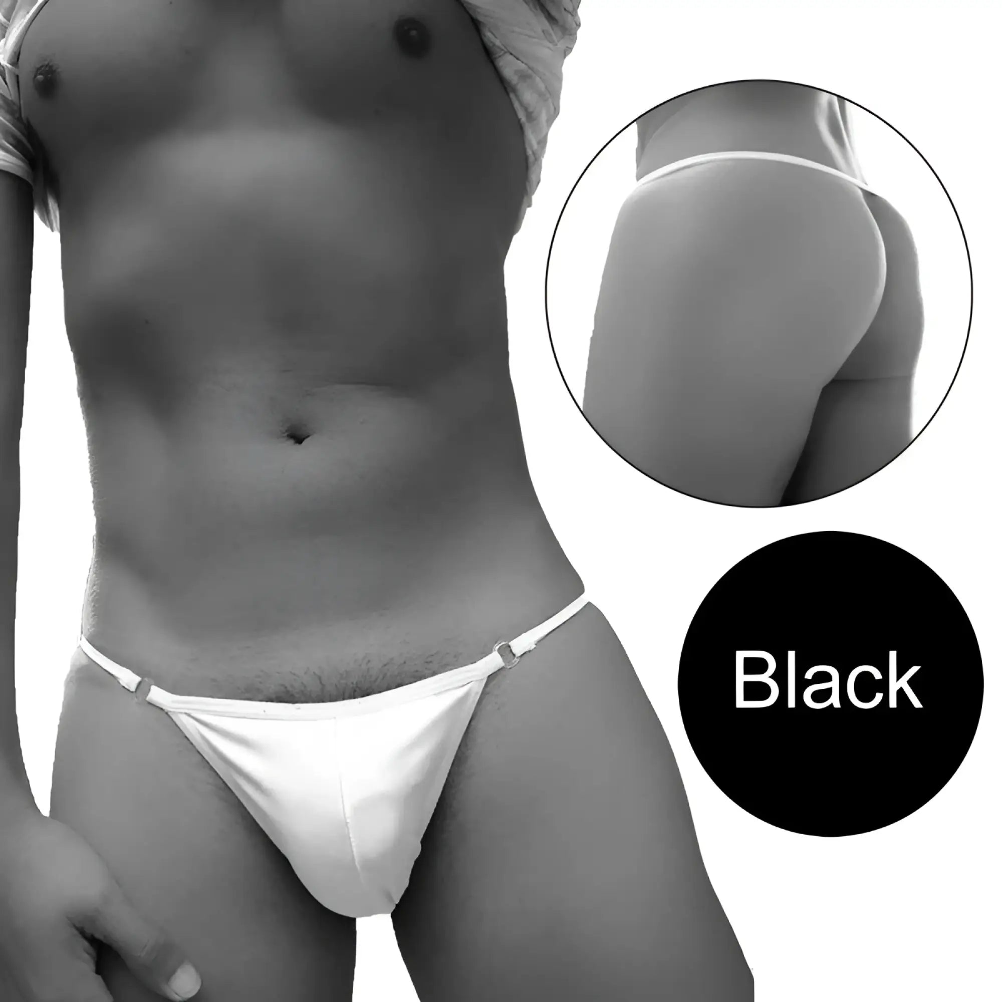 Black thong underwear with thin adjustable straps and seamless design from icker sea free access mini suspensor ring pouch line