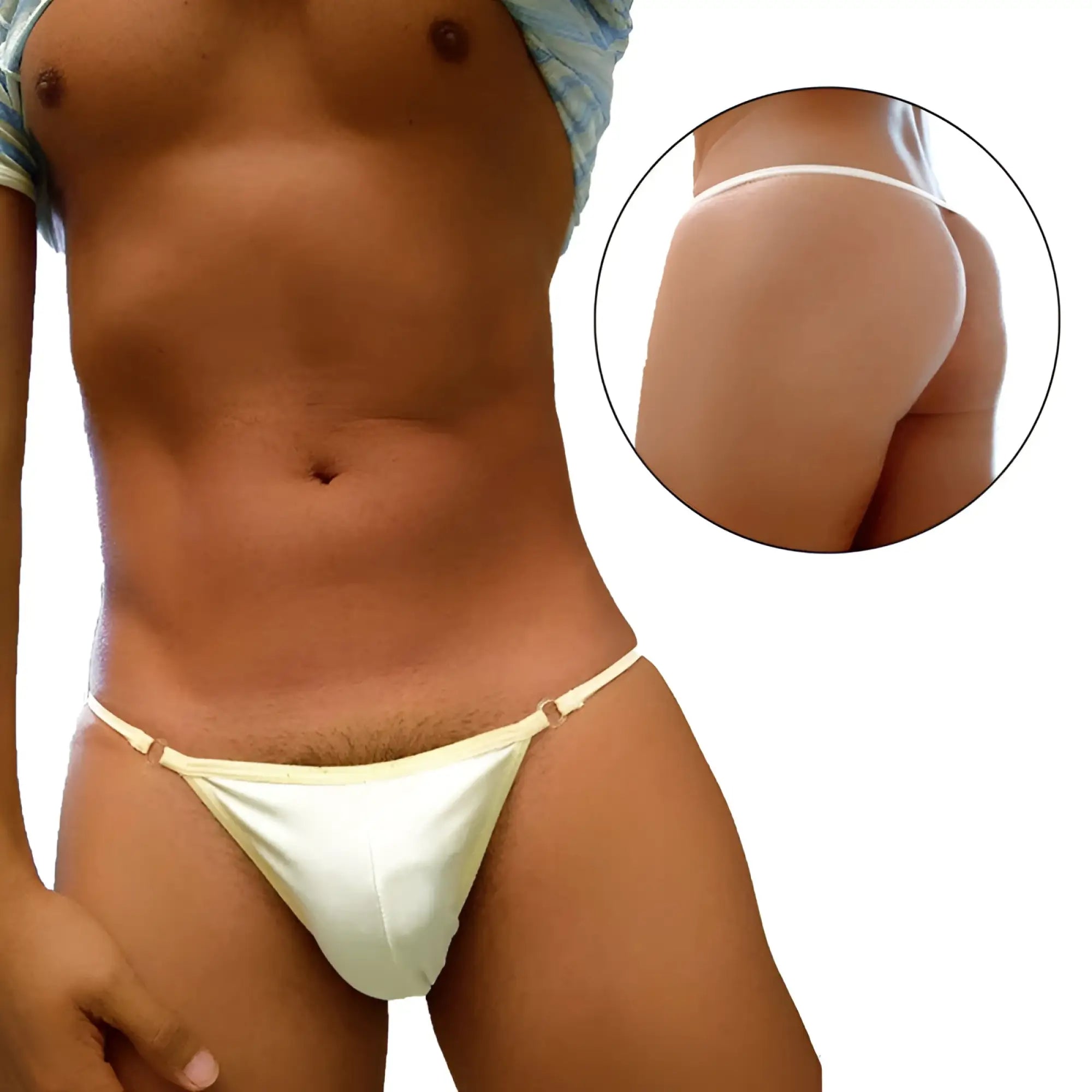 White thong underwear with thin light elastic straps and smooth seamless design from icker sea free access mini pouch