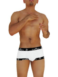 White boxer briefs with black elastic waistband featuring repeating white icker sea fresh dots logo trim design