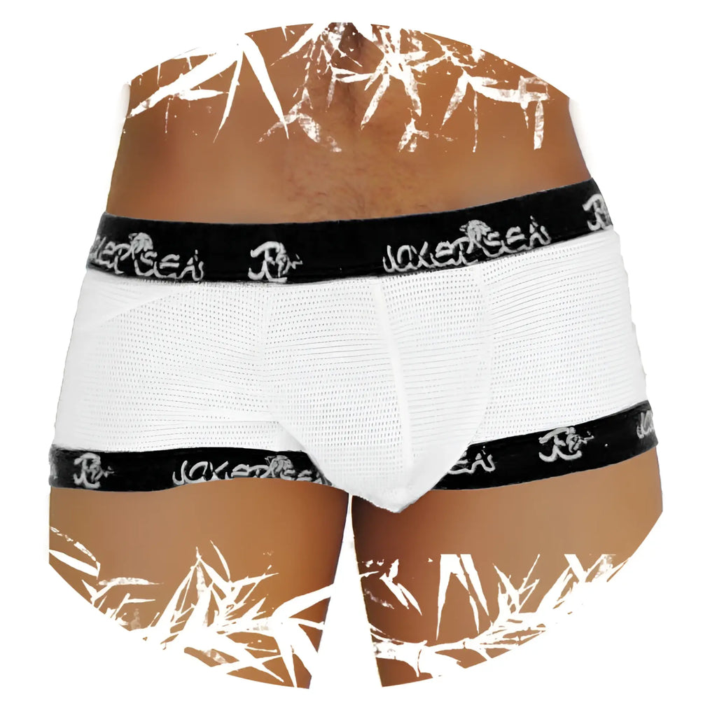 White mesh boxer briefs with black elastic trim featuring repeating icker sea fresh dots logo in white