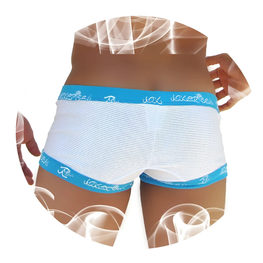 White mesh boxer brief underwear with blue elastic waistband and joker logo trim for fresh style and comfort