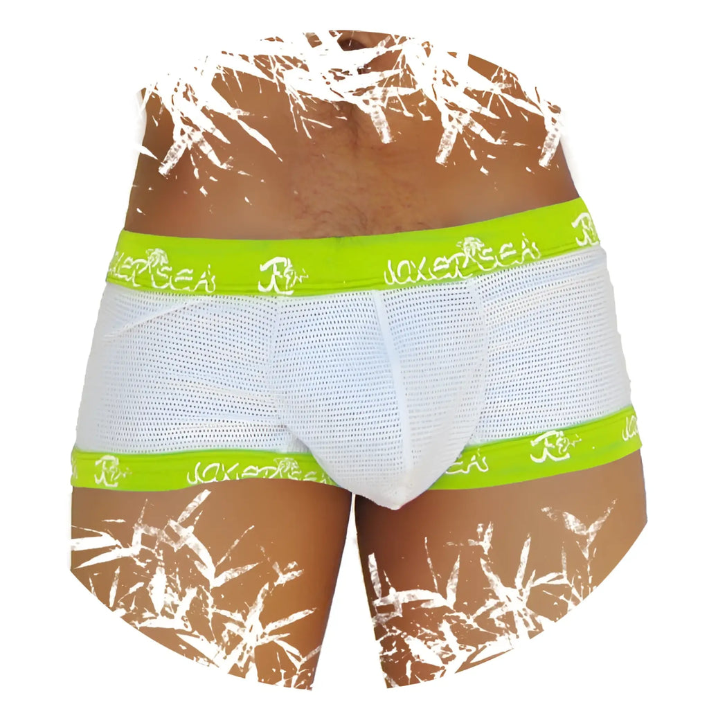 White mesh icker sea fresh dots logo trim boxer briefs with lime green elastic waistband and leg bands