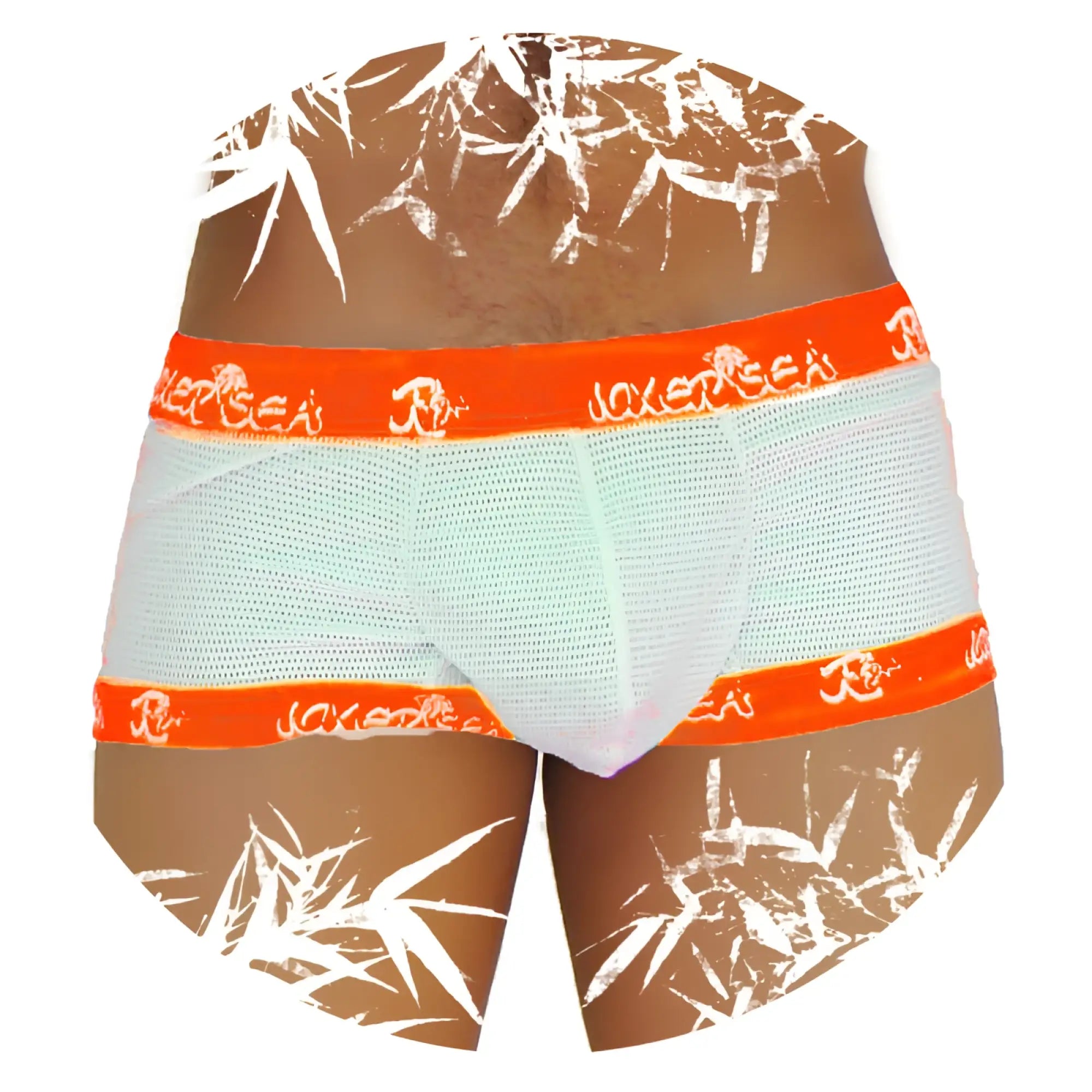 Icker sea fresh dots light blue mesh briefs with orange elastic waistband and white bamboo leaf pattern
