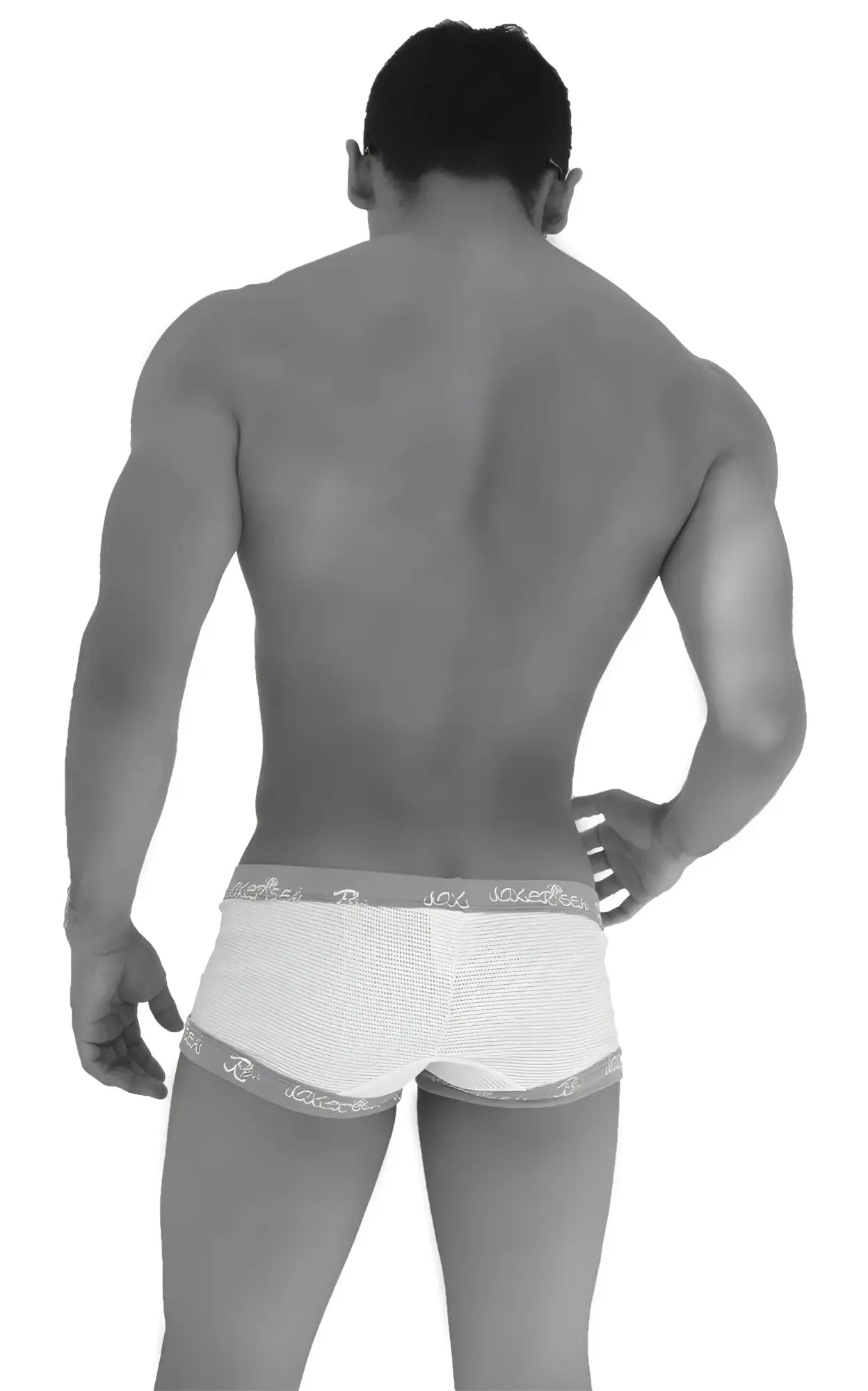 White mesh boxer briefs with gray elastic waistband featuring joy logo from icker sea fresh dots logo trim collection