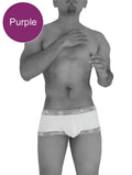 Purple icker sea fresh dots mesh boxer briefs with white elastic waistband featuring repeating logo text