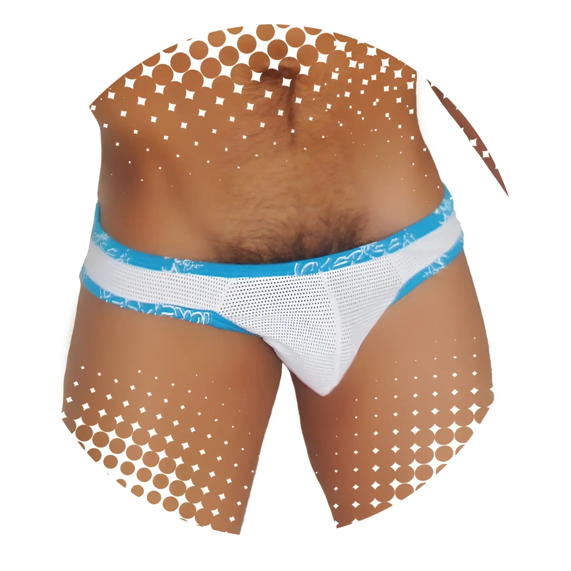 Icker Sea Fresh Dots Brazilian thong underwear in white mesh with blue trim and patterned waistband front view