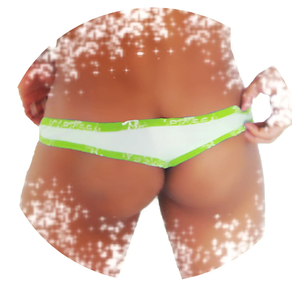 Icker Sea fresh dots logo trim bright green and white bikini bottom with thin elastic waistband shown from the back side