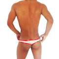 White and red patterned icker sea fresh dots logo trim brazilian thong underwear with bold repeating logo design