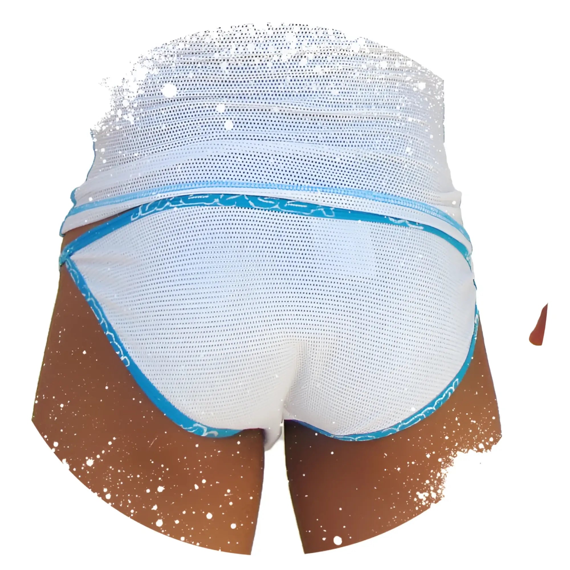 White mesh swim trunks with blue trim and silver sequins on waistband from icker sea fresh dots microslip bikini underwear