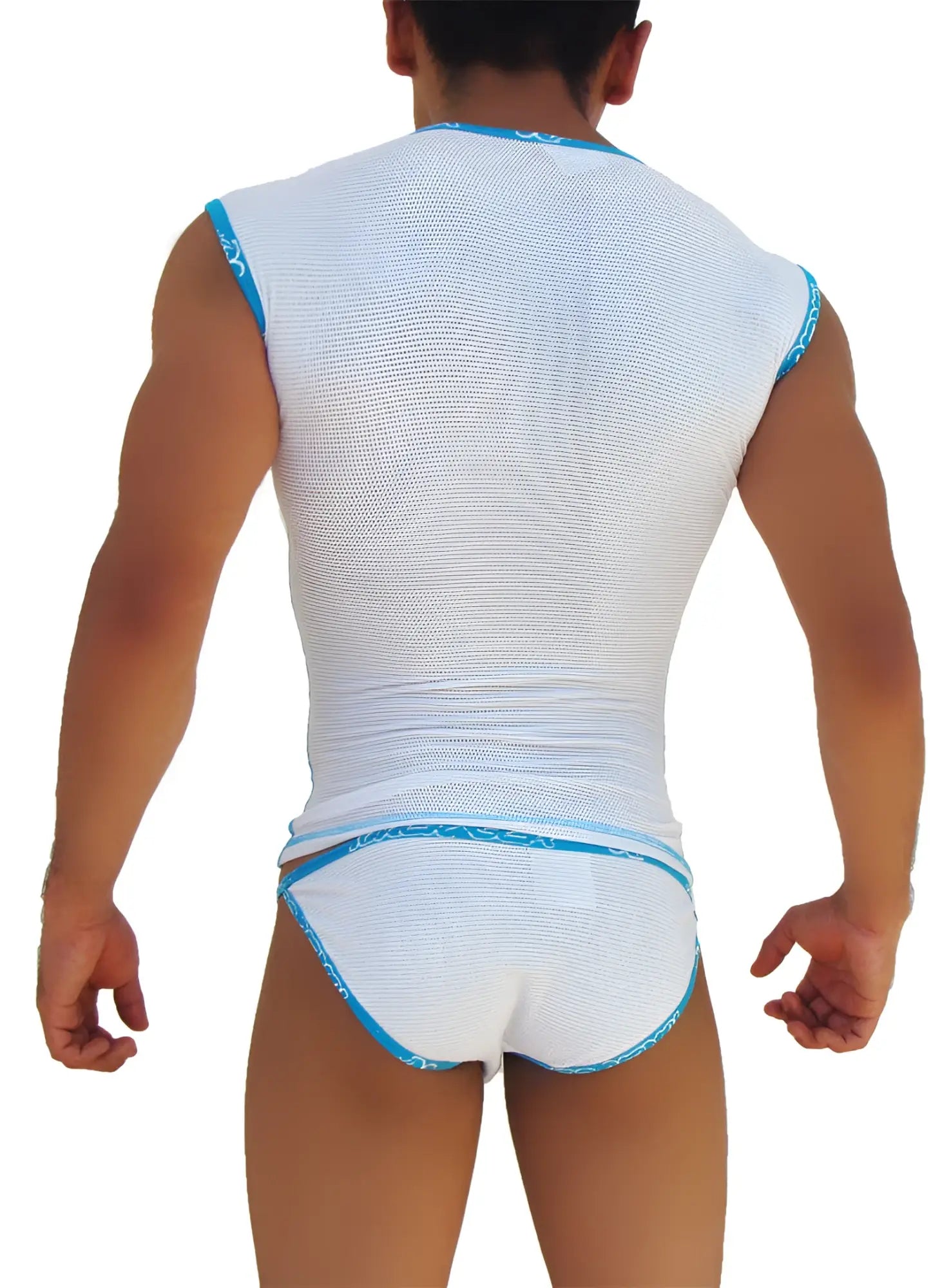 Icker Sea fresh dots logo trim white mesh tank top with light blue trim and matching briefs blue microslip bikini underwear