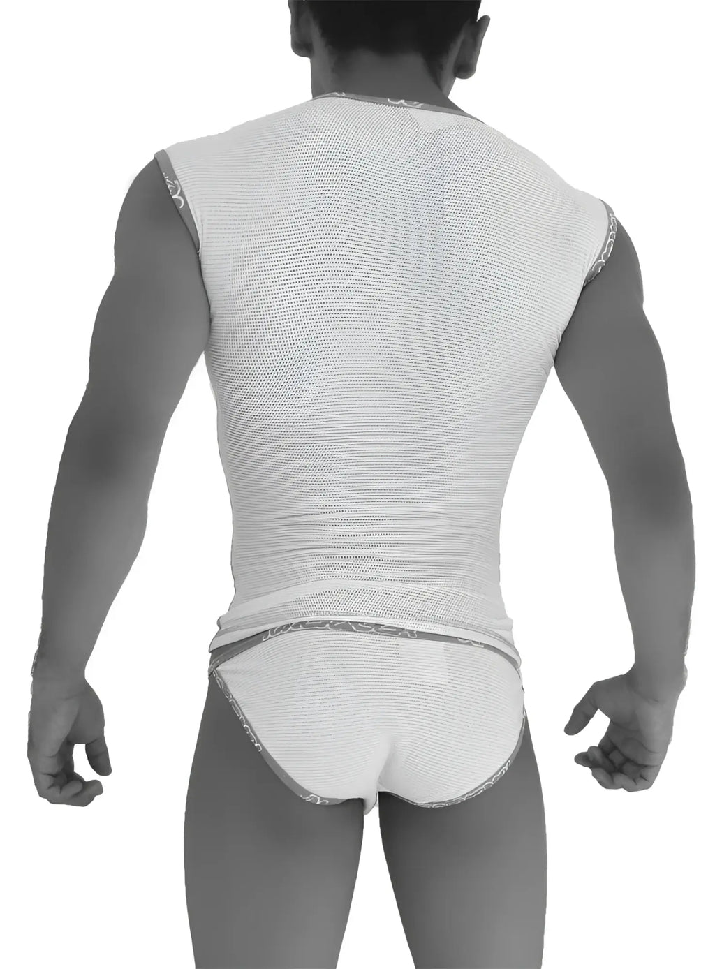 White mesh tank top with lace trim paired with icker sea fresh dots logo trim microslip bikini underwear in orange