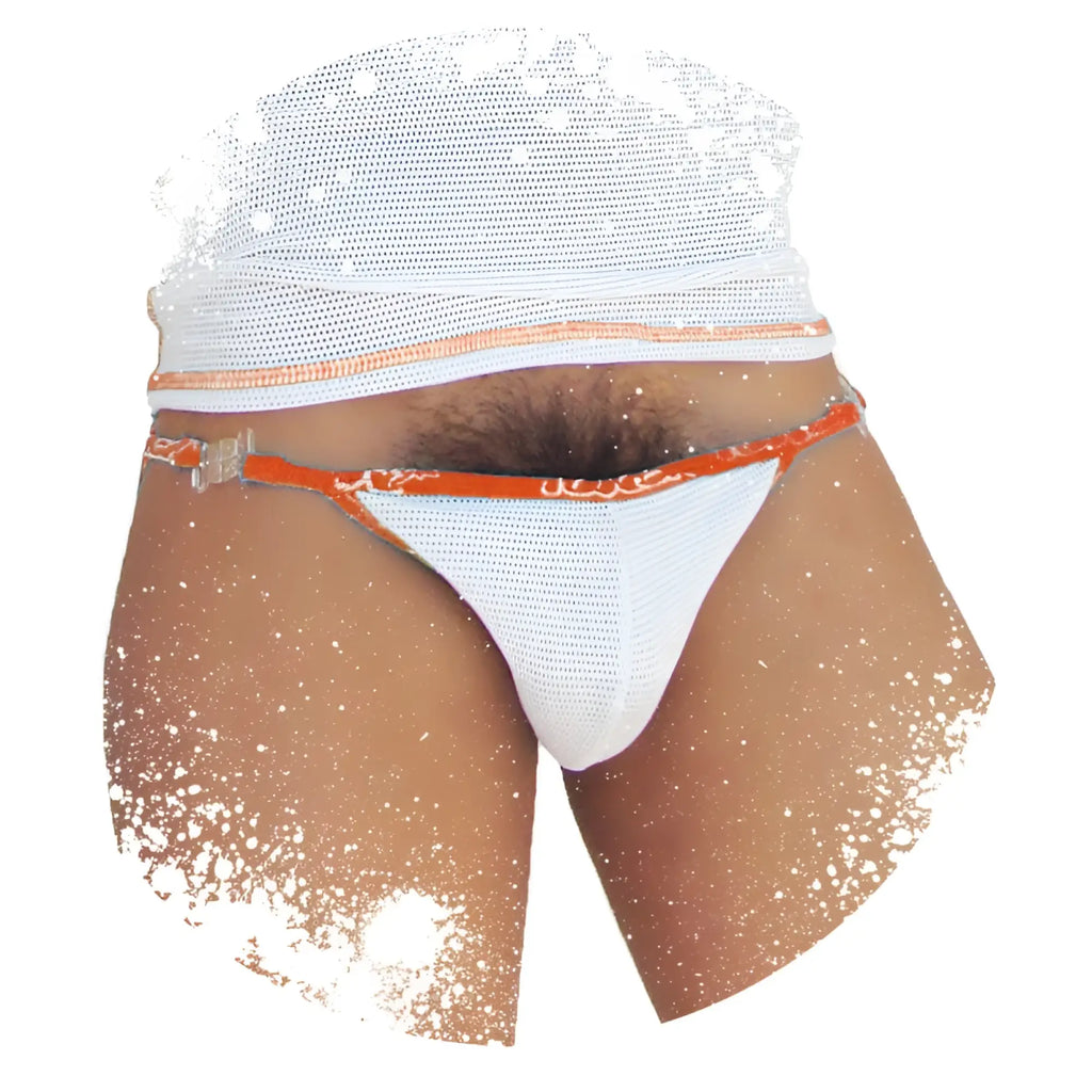 Icker Sea fresh dots logo trim microslip bikini underwear in white mesh with orange trim and clear plastic buckle