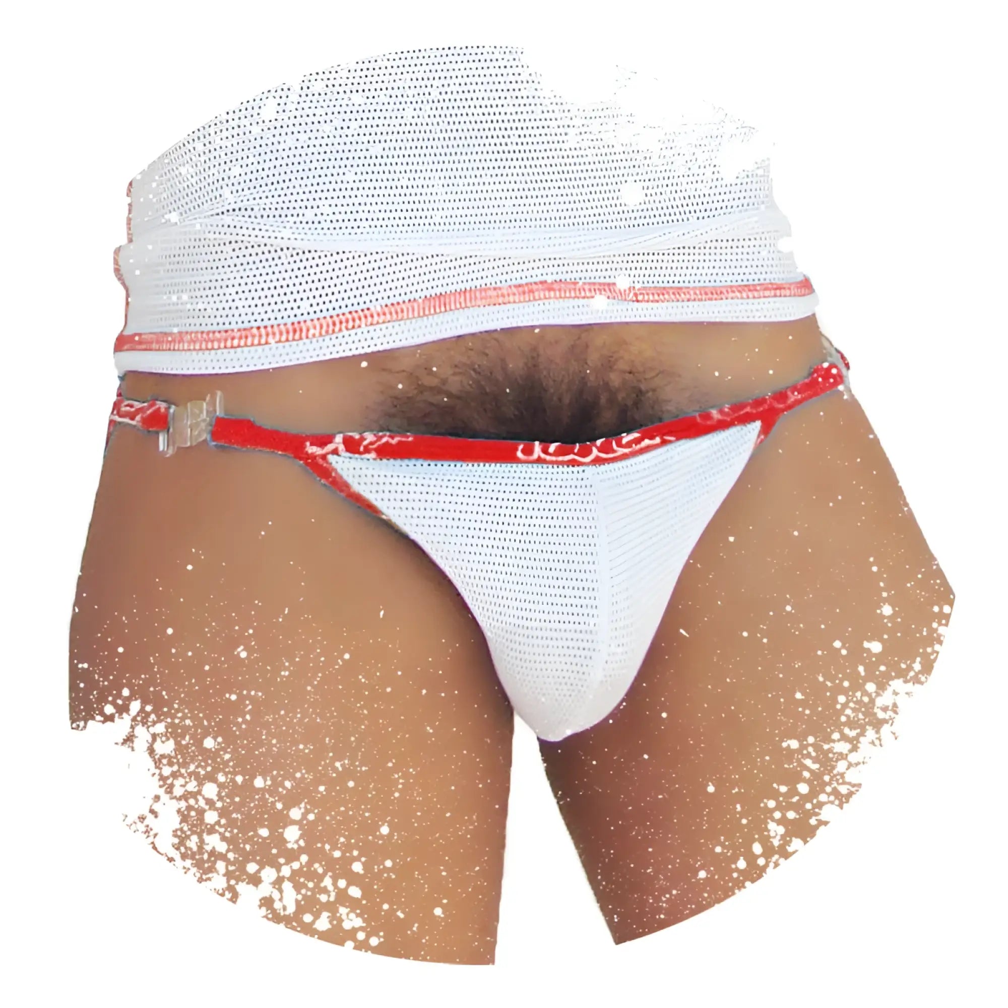 White mesh thong with red trim and clear plastic buckle from icker sea fresh dots logo trim microslip bikini underwear