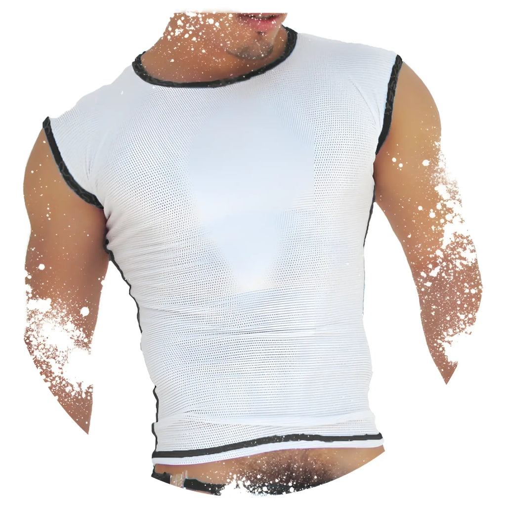 White mesh sleeveless Icker Sea Fresh Dots muscle top with black trim on neckline armholes and hem