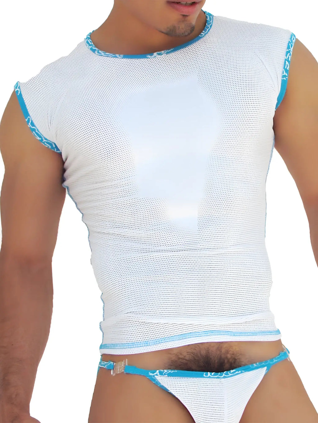 Icker Sea fresh dots blue white mesh sleeveless muscle top with light blue trim and patterned neckline detailing