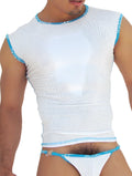 Icker Sea fresh dots blue white mesh sleeveless muscle top with light blue trim and patterned neckline detailing