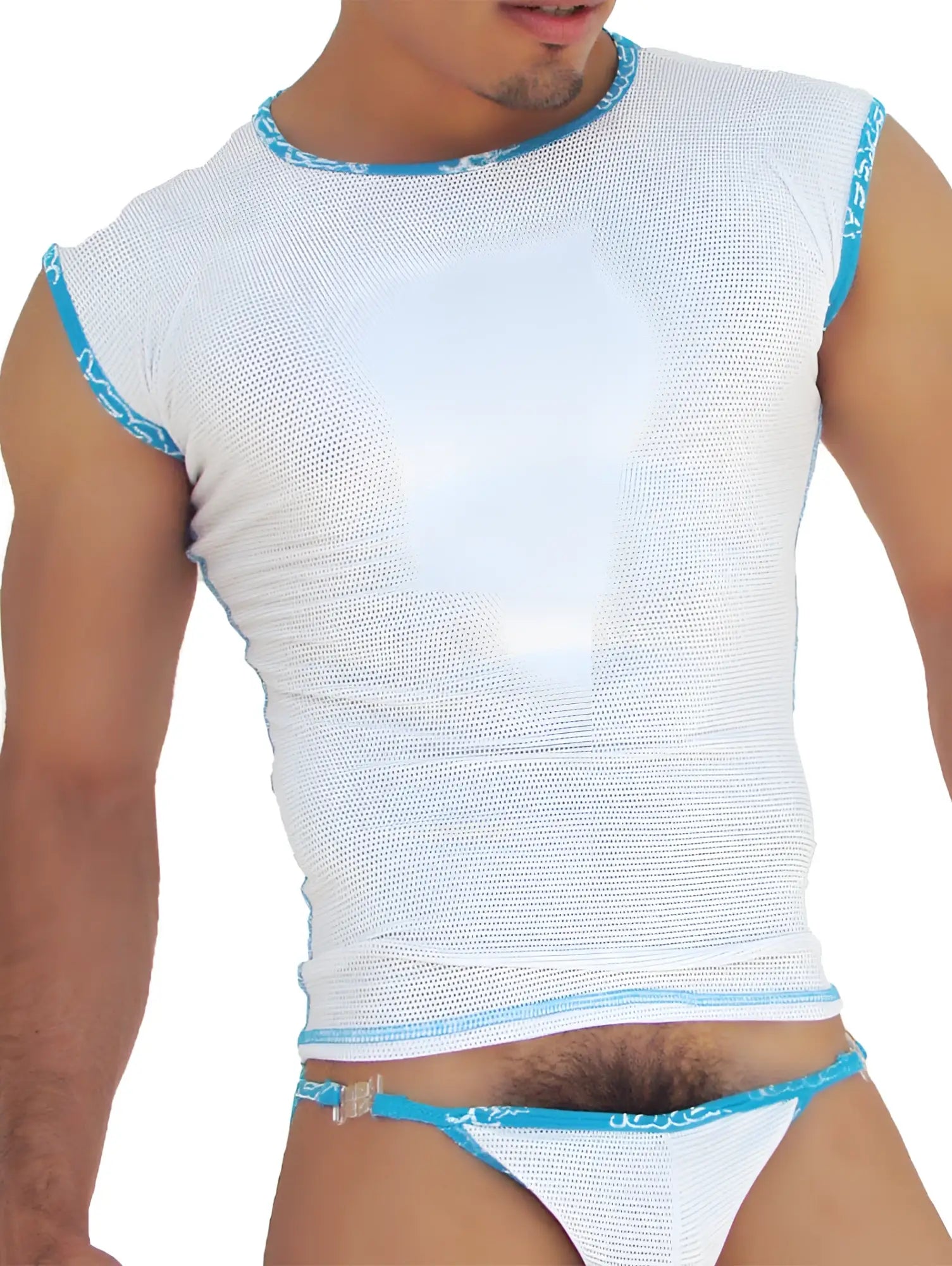 Icker Sea fresh dots blue white mesh sleeveless muscle top with light blue trim and patterned neckline detailing