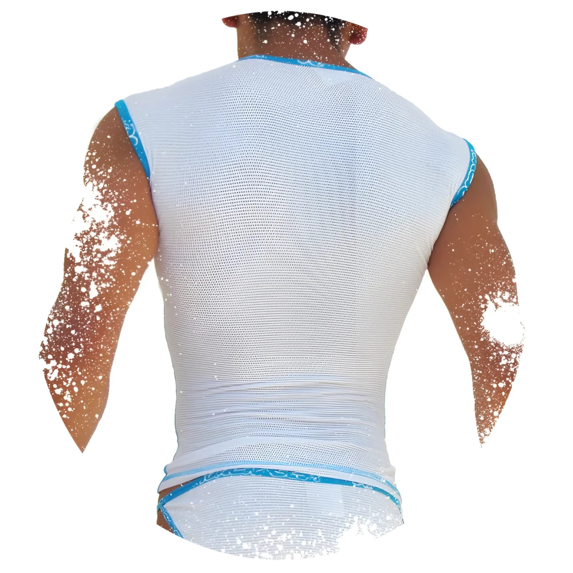 White mesh muscle tank top with blue trim featuring icker sea fresh dots logo trim design