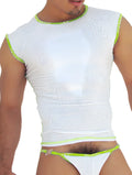 White mesh sleeveless muscle top with neon green fresh dots logo trim and matching thong by icker sea