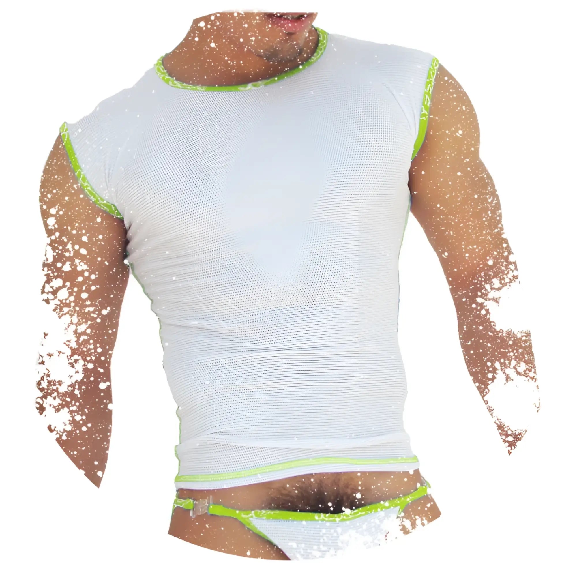 Icker Sea fresh dots logo trim muscle top tank shirt in white mesh with neon green trim for sporty casual wear