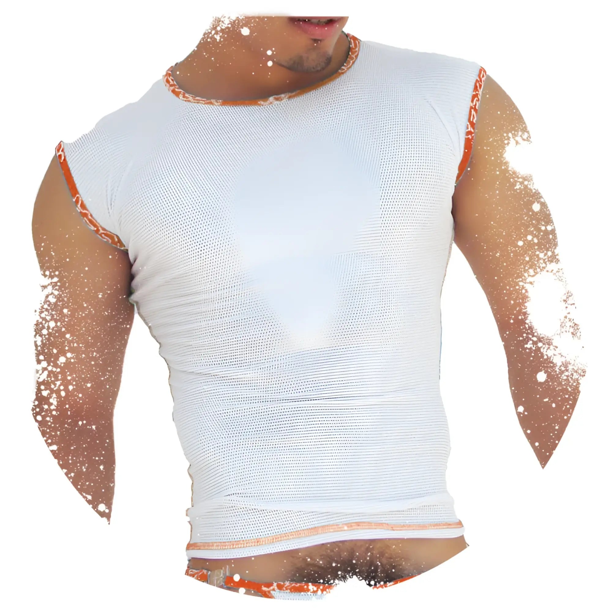 Icker sea fresh dots logo trim white mesh muscle top with orange trim along neckline armholes and hem