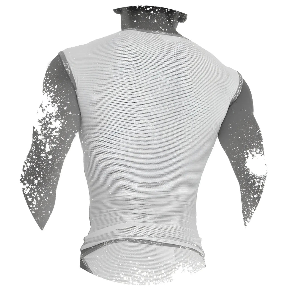 White mesh sleeveless muscle top with fitted design and fresh dots logo trim by icker sea in purple