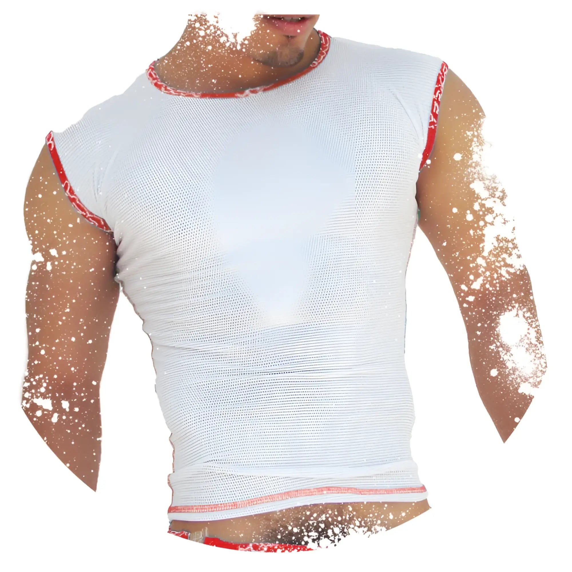 White mesh sleeveless muscle top with red fresh dots logo trim along neckline armholes and hem by icker sea