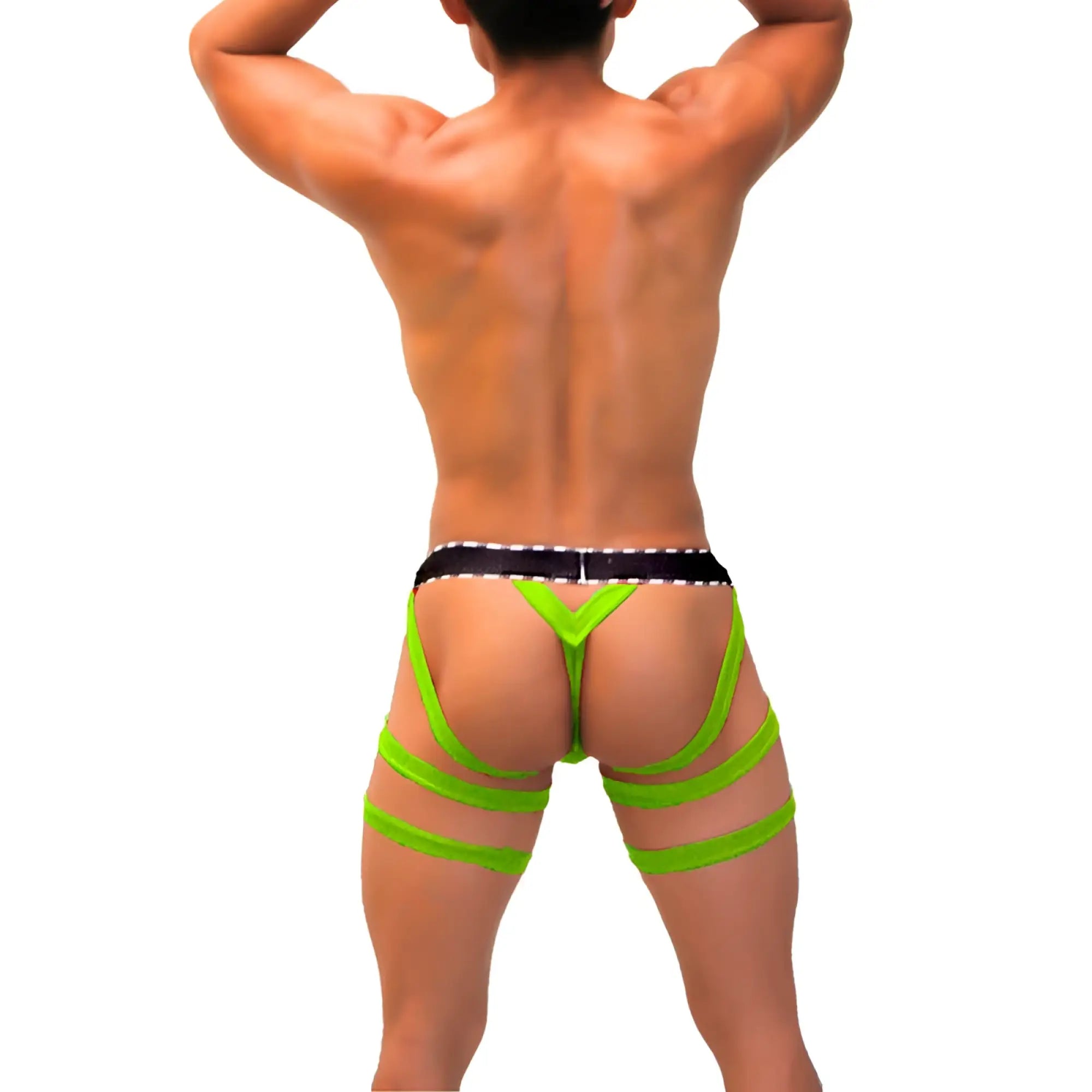 Bright neon green icker sea garter y back g string briefs with high waist and black waistband with white stitching visible from back