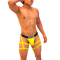 Bright yellow mango icker sea garter y back g string men’s underwear with black waistband and white brand lettering