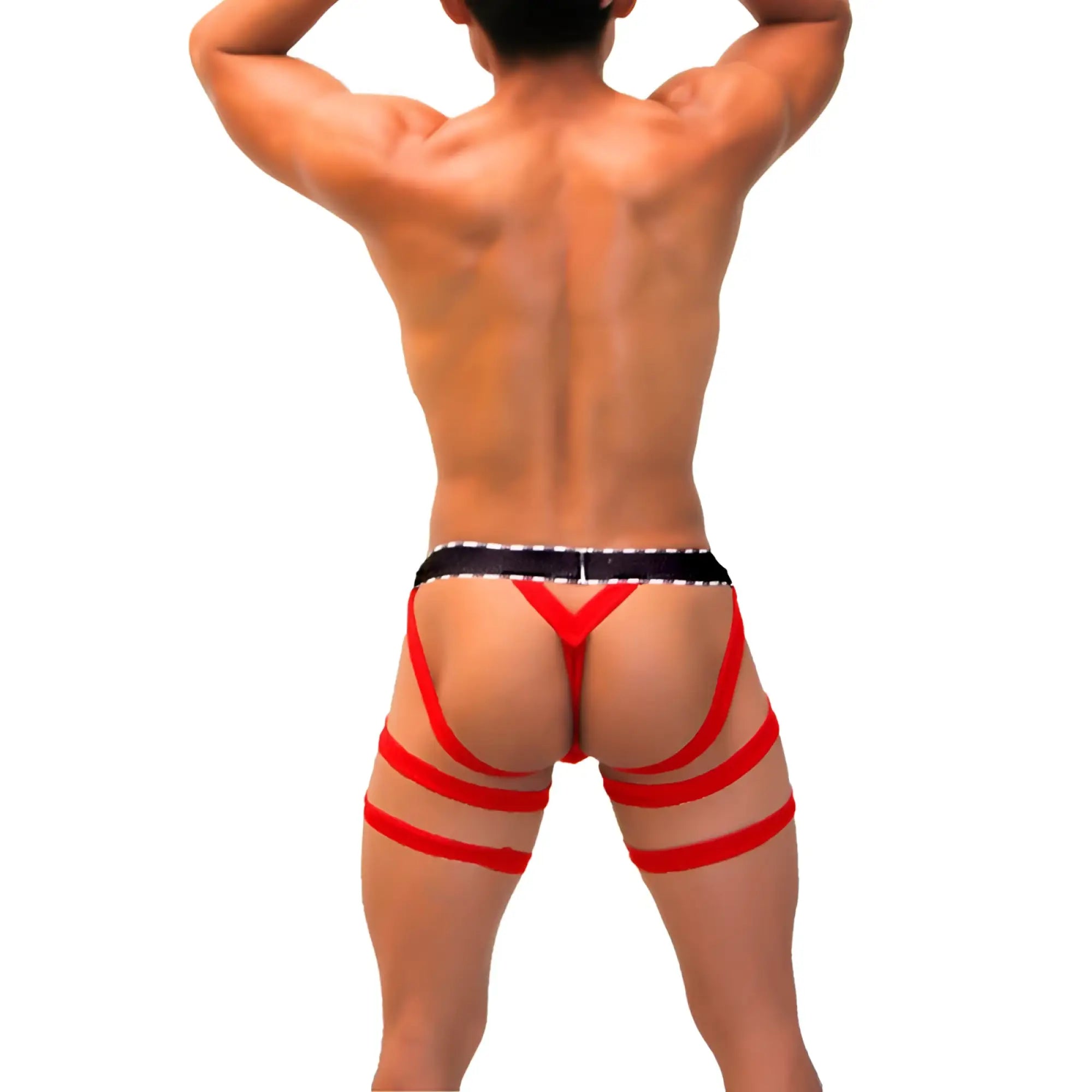 Red and black strappy men’s garter y back g string underwear by icker sea showing v-shaped back design