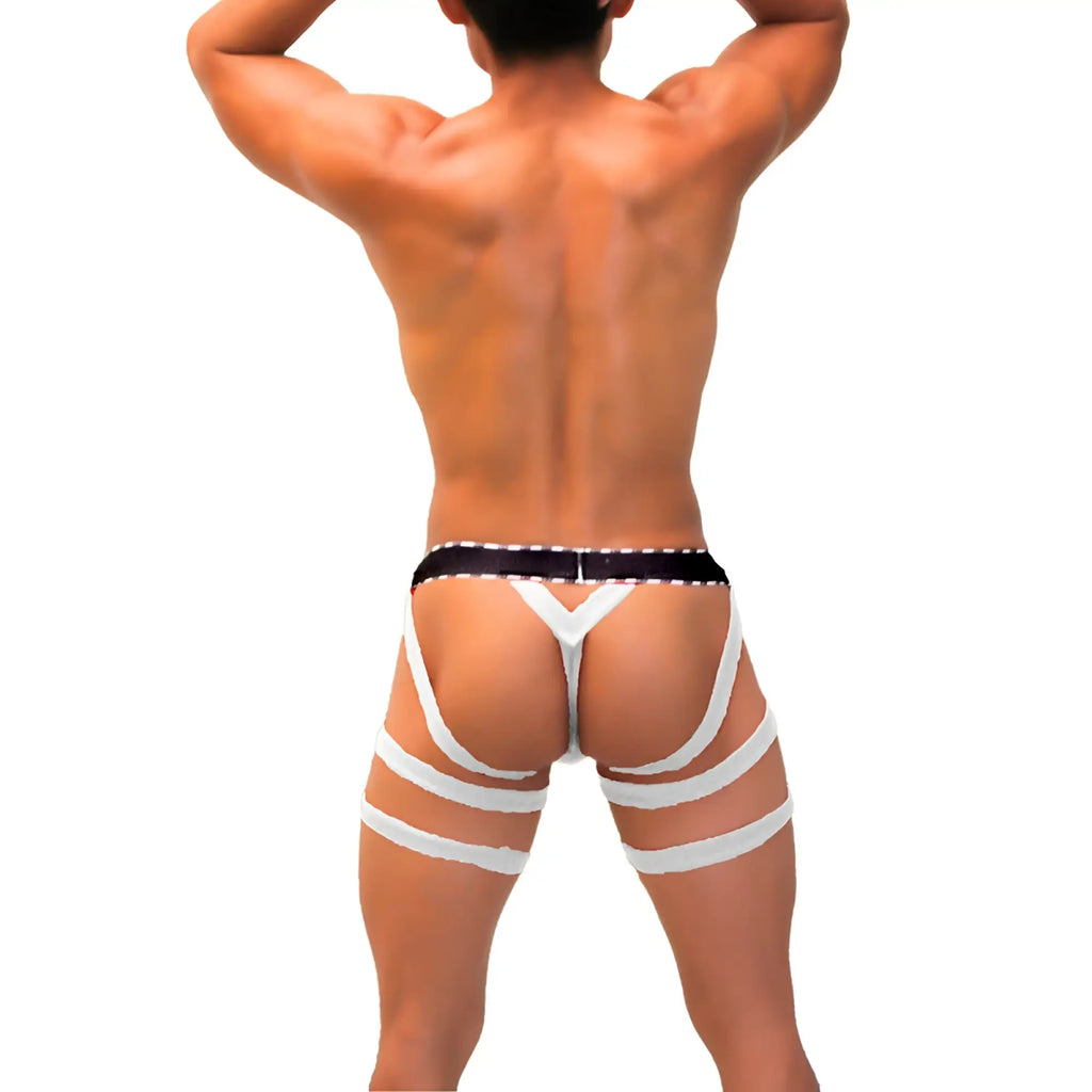 White strappy thong underwear with black waistband and white hip and thigh straps shown from the back side