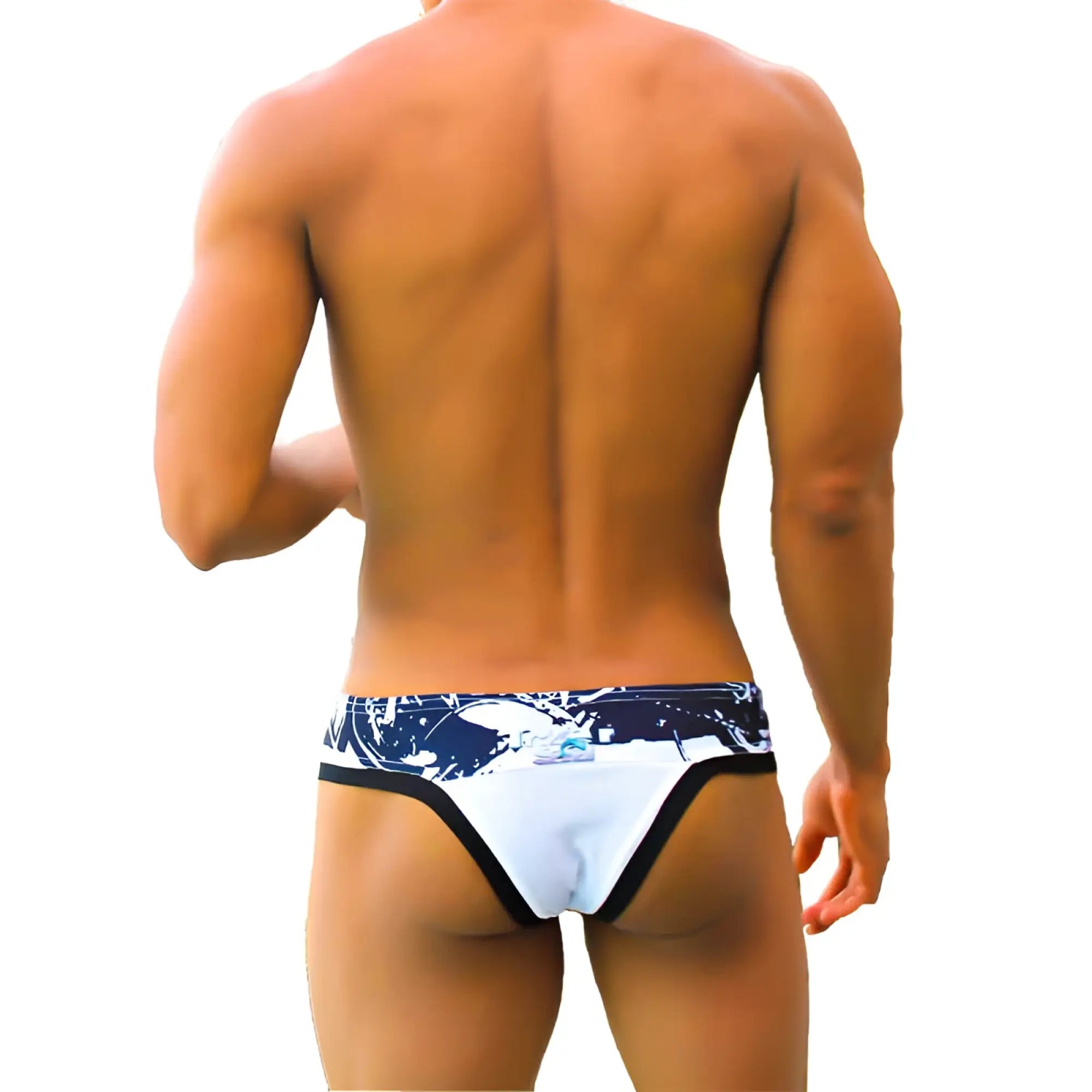 Icker Sea Graffiti macro contrast trim thong swimwear in white and navy blue with black trim detailed pattern
