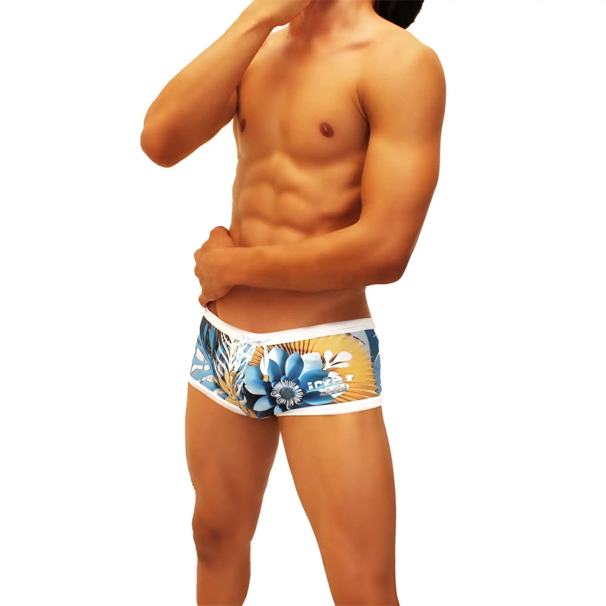 Icker Sea Greek floral mesh side square cut trunk swimwear in blue and yellow with white trim and floral pattern