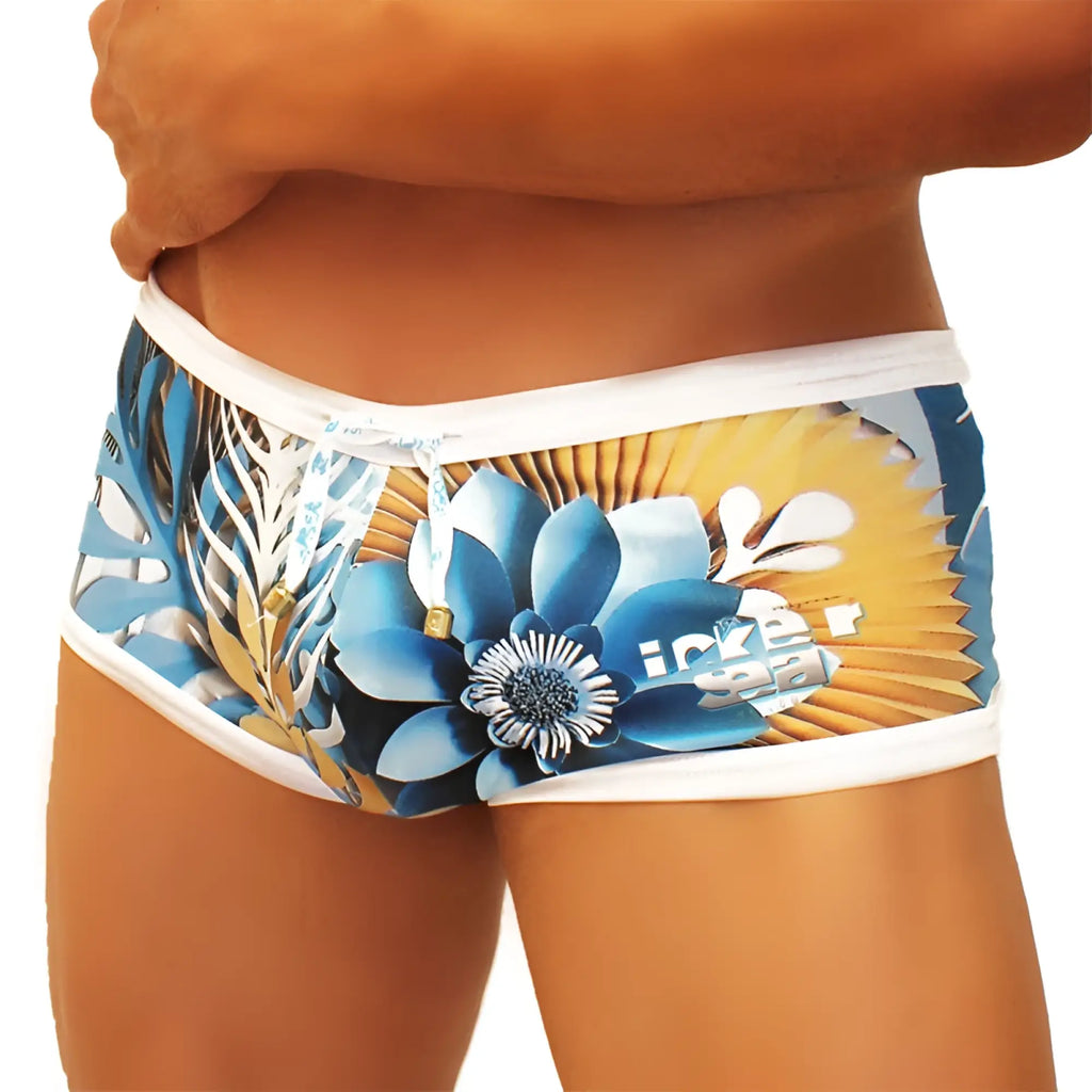 Icker sea blue and gold tropical floral mesh swim trunks with white trim featuring a greek floral pattern