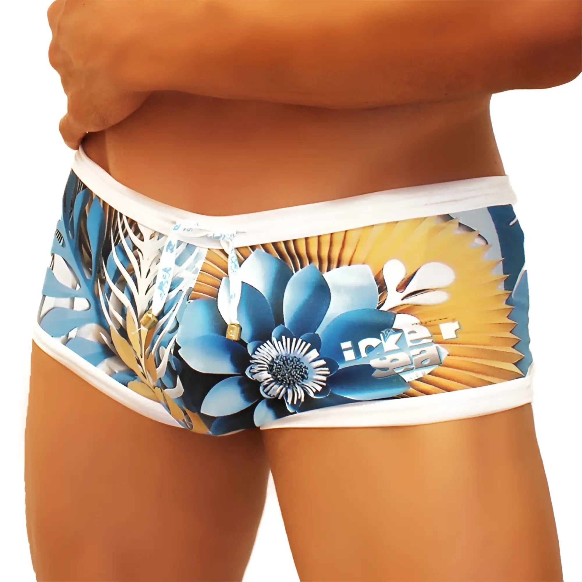 Icker sea blue and gold tropical floral mesh swim trunks with white trim featuring a greek floral pattern