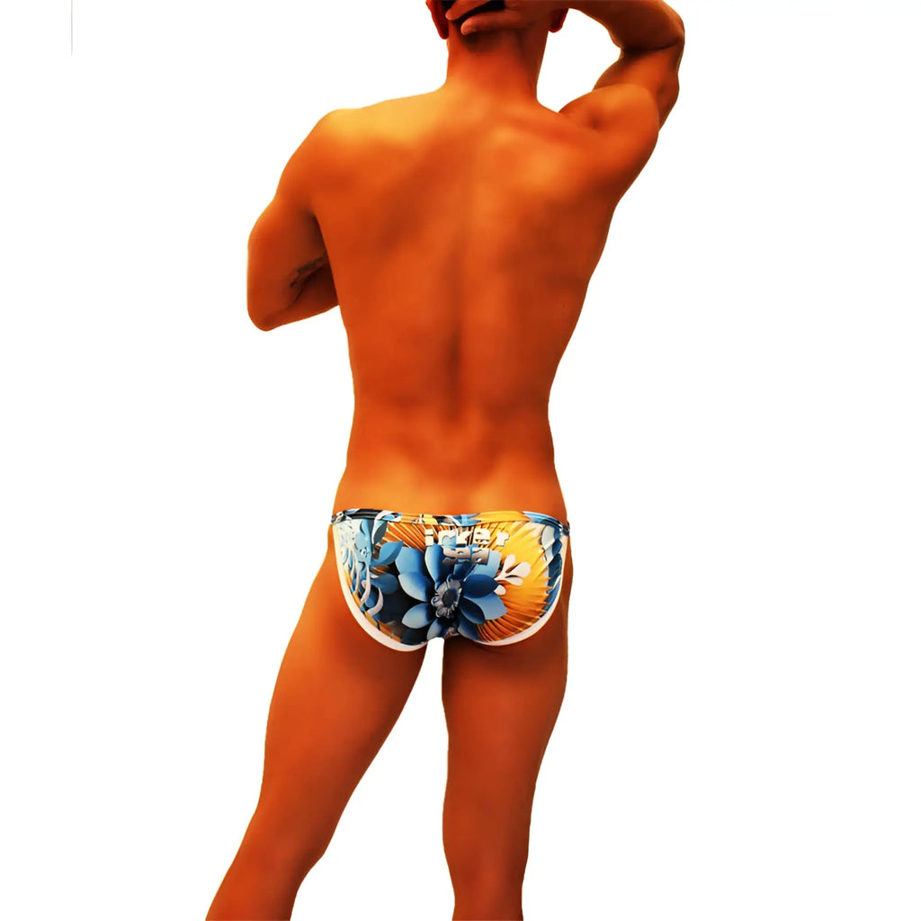 Icker Sea Greek floral micro slip bikini swimwear with vibrant blue and yellow floral-patterned swim trunks with white trim