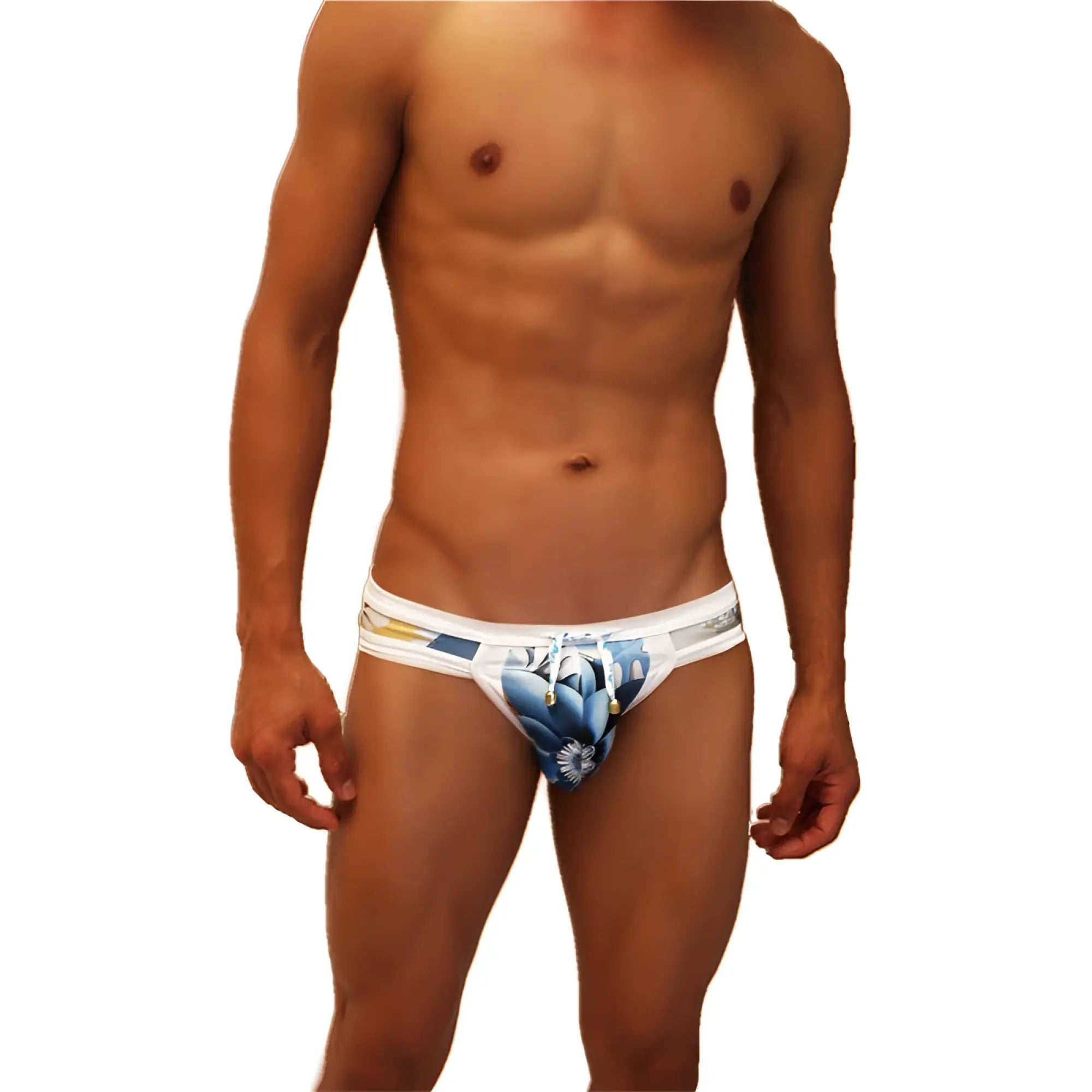 White swim trunks from icker sea greek floral mini bikini swimwear with blue floral pattern and yellow accent stripes