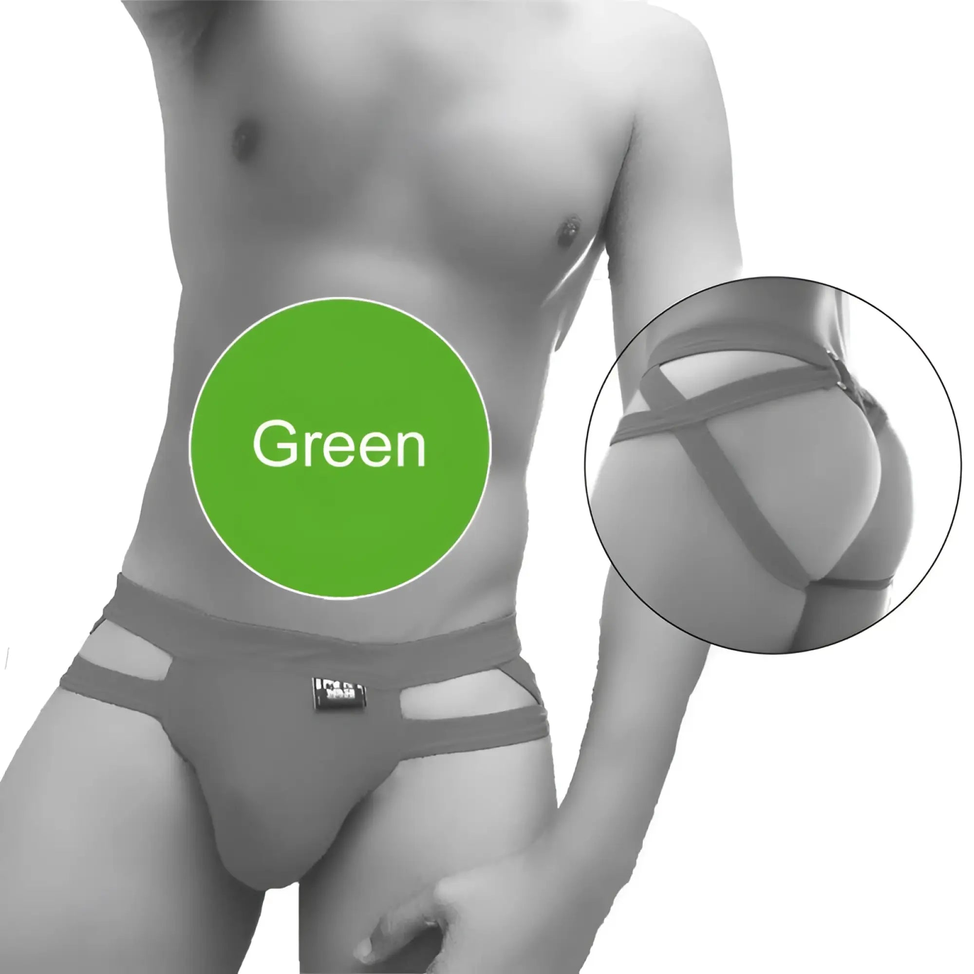 Green icker sea hoops jock string underwear with supportive straps and brand tag at waistband
