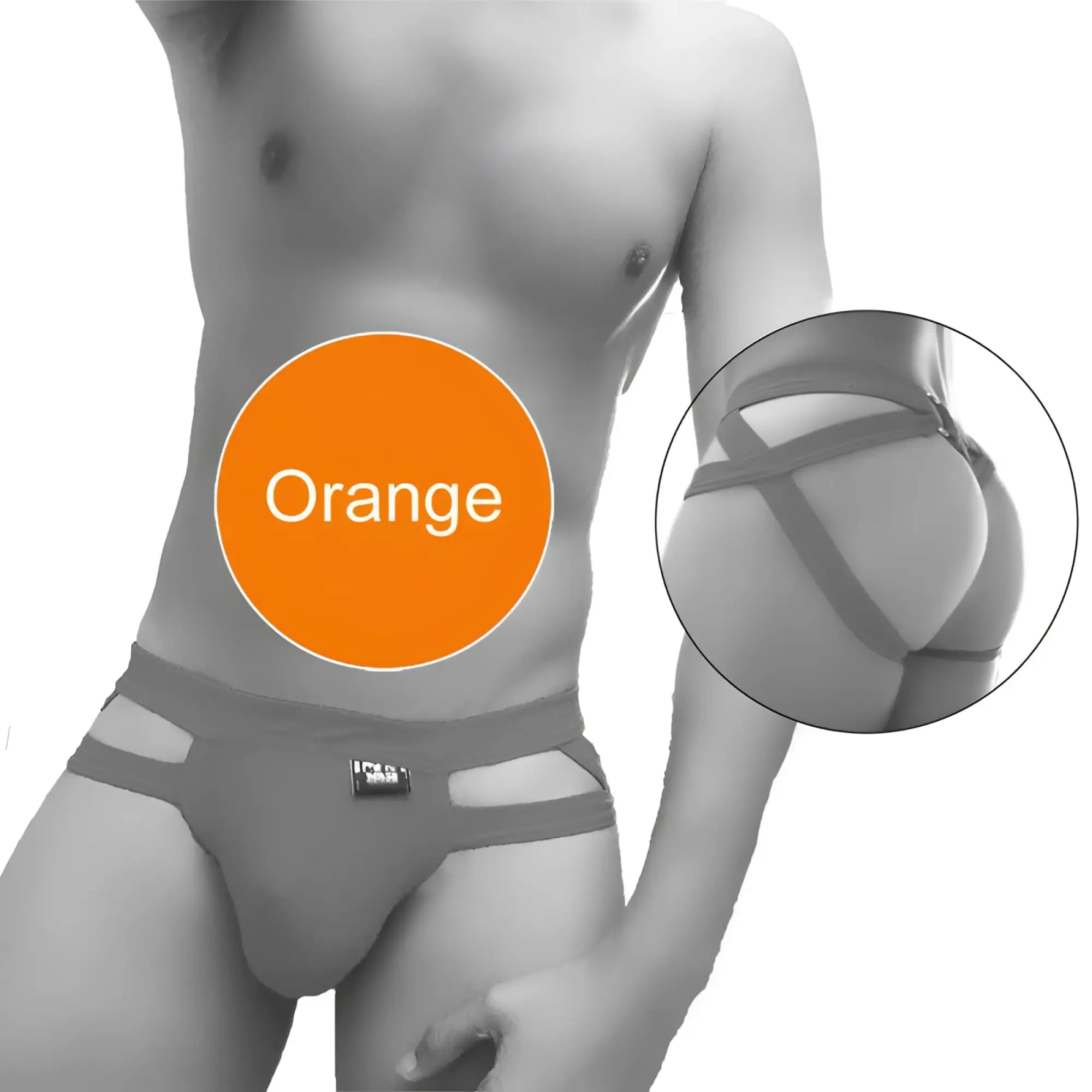Gray athletic jock string underwear with a distinctive orange circular label by icker sea hoops for active wear